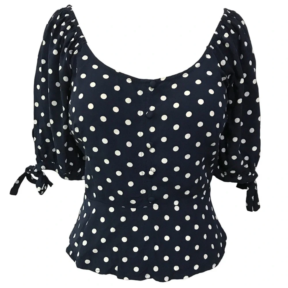 J. Crew Blue Polka Dot Smocked Puff Sleeve Blouse Size Small